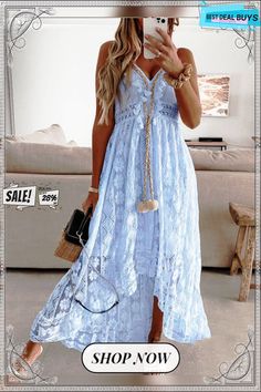 Women's Lace Sling Big Dress Solid Color Long Dress Sling Dresses For Beach Season, V-neck Suspender Sundress For Brunch, Lace V-neck Maxi Dress For Summer, Spring V-neck Suspender Dress For Brunch, Spring Suspender Dress For Vacation, Brunch Sundress With V-neck Suspender, Bohemian Suspender Dress For Spring Vacation, Chic Sling Dress For Beach, Blue Non-stretch Spaghetti Strap Dress