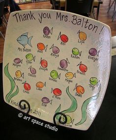 a plate with an image of different kinds of fish on it that says thank you mrs button