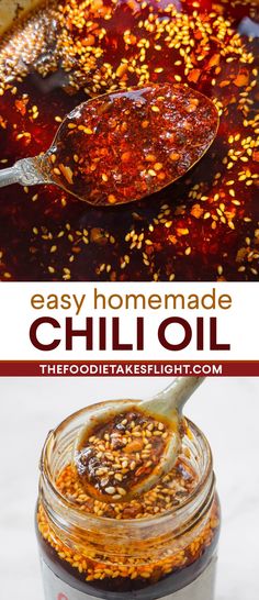 an easy homemade chili sauce in a jar and spoon with the lid open to show it's contents