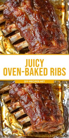 juicy oven baked ribs on foil with text overlay