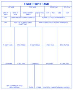 a printable fingerprint card is shown in blue and has the words fingerprint on it