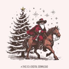 an old fashioned christmas card with santa riding a horse next to a tree and star