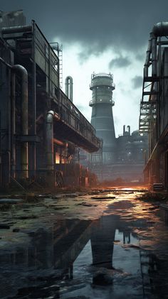 an industrial scene with pipes and water