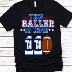 Custom boys football t-shirt for a sports birthday. This t-shirt is fully customizable.  The colors can be changed to suit your Childs favorite sports team.  This design can also be placed on a sweatshirt, long sleeve shirt, or hoodie.  We can also place it on birthday decor like napkins, balloons and even cups!  Please feel free to message me with any questions.  This shirt can also be made for other family members as well. This is a Gildan T-shirt and it does run wide. Please refer to the size chart in the photos for proper sizing. Don't forget to add your personalization... Add the Name and Age number in the box.... If you don't add the age number than the shirt will come with the number that's already on it which is age 11. Sporty T-shirt With Team Name For Football Season, Black T-shirt With Heat Transfer Vinyl For Sports Season, Football Season Team Name T-shirt For Sports Events, Football Season T-shirt With Team Logo, Football Season Team Logo T-shirt, Sports Fan T-shirt With Number Print And Crew Neck, Black T-shirt With Number Print For Team Spirit, Blue T-shirt For Football Season, Football Season T-shirt With Team Name For Game Day