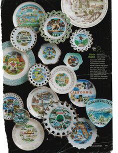 an advertisement for california plates with images of cities and towns painted on the plates in different colors