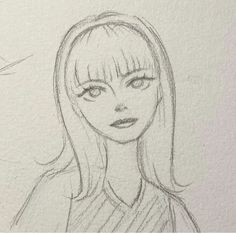 a pencil drawing of a woman with long hair and bangs, looking to the side