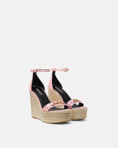 Medusa '95 Satin Wedge Sandals 120 mm Pink | VERSACE US Versace Clothes Women, Versace Shoes Women, Versace Clothes, Pink Versace, Versace Heels, Versace Sandals, Versace Women, Versace Pink, Satin Sandals