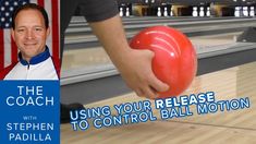 a man holding a bowling ball in front of an american flag and the words, using your release to control ball motion with stephen padilla