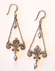 Ornate Long Drop Earrings Freshwater Pearls Sterling Silver Dramatic Dangles Handmade Elegant Long Drop Chandelier Earrings, Ornate Dangle Chandelier Earrings With Pearl Drop, Ornate Chandelier Earrings With Pearl Drop, Ornate Dangle Chandelier Earrings For Evening, Ornate Chandelier Dangle Earrings For Evening, Bridal Jewellry, Van Nuys, Long Drop Earrings, Large Hole Beads