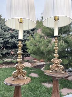 two lamps that are sitting in the grass