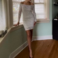 Stretchy, Off The Shoulder. Never Worn Fitted Off-shoulder Lace Dress For Formal Occasions, Formal Fitted Off-shoulder Lace Dress, Elegant Fitted Off-shoulder Lace Dress, White Lace Dress, Holiday Wedding, Wedding Color, Lace White Dress, Holiday Dresses, Wedding Colors