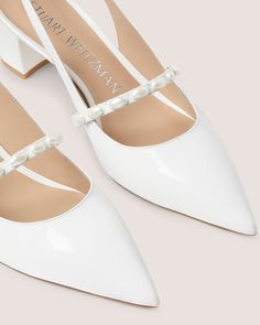 PEARLITA 50 BLOCK SLINGBACK | Stuart Weitzman Bridal Closet, White Block Heels, Pearl Shoes, White Heels, Shoes Heels Pumps, Little White Dresses, Bridal Shoes, Pump Shoes, Stuart Weitzman