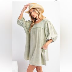 Half Sleeves Mineral Washed Cotton Gauze Loose Fit Tunic Dress -Sage Color -Rounded Neckline -Slightly Dropped Shoulders -Frayed Exposed Seaming -Elastic Cuffs -Eyelet Detailing -Pockets -Loose Comfortable Fit -Easy Pull Over Style Resort Summer Festival Night Cruise Bohemian Flirty Hippie Chic Boho Hippie 60's 70's Beachy Western Pool Coachella Winter Fall Birthday Gift Resort Bohemian Girly Trendy Date Night Minimalist Cruise Travel Western Retro Holiday Chic Casual Dressy Valentines Preppy Bu Green Relaxed Fit Mini Dress For Summer, Green Relaxed Fit Mini Dress, Relaxed Fit Green Mini Dress For Summer, Spring Sundress In Relaxed Fit, Summer Short Sleeve Sage Dress, Relaxed Fit Spring Sundress, Sage Short Sleeve Summer Dress, Green Relaxed Fit Dress For Day Out, Short Sleeve Sage Summer Dresses