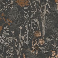 an image of a wallpaper with flowers and plants on it's side in the dark