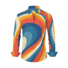 Step back into the vibrant era of the 70s with our Vintage 70s Style Shirt, a Retro Shirt designed for the modern man who embraces the groovy spirit of the past. This Hippie Shirt for Men channels the free-spirited essence of the 70s, featuring a unique blue and orange abstract curvy stripe pattern. Crafted from 100% polyester, this Men's Stripe Orange Shirt ensures both comfort and durability.With a nod to the 70s-inspired fashion, this Groovy Shirt is perfect for those who appreciate the bold 70s Mode, Retro Shirt Design, Groovy Shirt, Style Année 70, 70s Vintage Fashion, 70s Shirts, 70s Inspired Fashion, Hippie Shirt, Jean Large