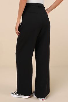 Banish the workweek blues when you style your office-approved look with the Lulus Composed Moment Black High-Rise Wide-Leg Trouser Pants! Lightly stretchy woven fabric shapes a high waist, belt loops, and a hidden zip fly with a top button closure. Chic pleating accents the wide-leg silhouette, which has functional front diagonal pockets and decorative welt pockets at the back. Ankle-length hems complete the look. Fit: This garment fits true to size. Length: Floor length. Size medium Inseam: 31. Office Look, Pants Wide Leg, Trouser Pants, Waist Belt, Welt Pockets, Ankle Length, Floor Length, Woven Fabric, High Waist