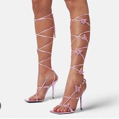 Brand New In The Box Sold Out Everywhere Metallic Pink With Rhinestone Butterflies Seen And Designed By Dua Lipa Fast Shipping Pink Sparkly Strappy Heels, Versace Butterfly Heels, Versace Flip Flops, Versace X Dua Lipa, Metallic Butterfly, Versace Heels, Versace Sandals, Butterfly Heels, Zanotti Heels