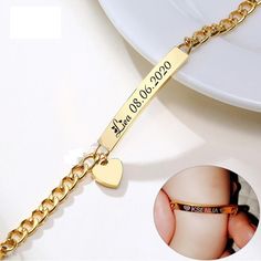 This cute personalized heart bracelet is for babies and toddlers. Personalize it with a name, date of birth or both. Feel free to add an emoji next to name (👑 🤍 ✝️ ) SAFEST MATERIALS - We know our customers are precious and only the very best materials will do. We use only the safest materials and enforce strict purity and safety testing on an ongoing basis. Our products comply with ASTM F 2923-11 (Standard Specification for Consumer Product Safety for Children’s Jewelry). This bracelet is mad Custom Name Heart Bracelet For Mother's Day, Cute Personalized Heart Bracelet For Birthday, Heart-shaped Personalized Bracelet For Birthday, Cute Personalized Bracelets For Valentine's Day, Valentine's Day Nameplate Name Bracelet, Personalized Heart Bracelets For Birthday Gift, Personalized Heart Bracelet For Birthday Gift, Customizable Heart Bracelet For Valentine's Day, Cute Personalized Heart Bracelet