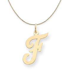 14k Yellow Gold Madison LG Classic Script Initial F Necklace Classic 14k Gold Initial Necklace, Classic Monogram Initial Necklace In Yellow Gold, Classic Yellow Gold Monogram Initial Necklace, Classic Nameplate Initial Necklace, Classic 14k Gold Initial Charm Necklaces, Classic 14k Gold Initials Charm Necklace, Classic Yellow Gold Charm Necklaces With Initials, Classic Jewelry With Initial Pendant And Name, Classic Jewelry With Initial Pendant