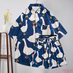 Qteee - Premium Goose Cartoon Print Coordinated T-Shirt and Shorts Set Casual Short Shirt For Spring, Casual Short Spring Shirt, Goose Cartoon, Cartoon Goose, T Shirt And Shorts, Lingerie Sleepwear, Shorts Set, Cartoon Print, Short Sets