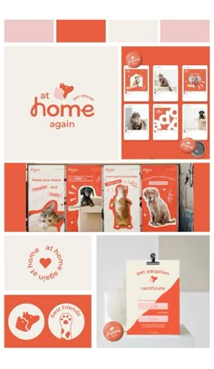 an orange and white brochure with pictures of dogs on it's side