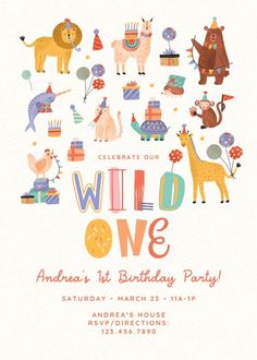 an animal themed birthday party is featured in this card with the words wild one on it