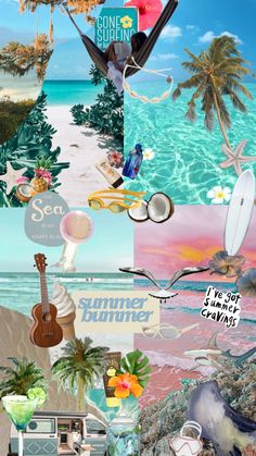 the collage shows different types of beach scenes and their names on each side of the collage