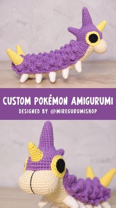 a crocheted toy is shown with the words custom pokemon amigurmi on it