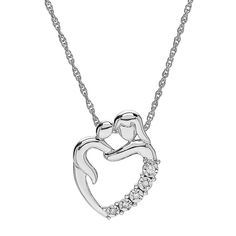 Sterling silver mother and child heart pendant with 1 round brilliant cut center diamond accent and 4 round single cut diamond accents 18 inch sterling silver rope chain Mother's Day Necklace With Diamond Accents As A Gift, Diamond Accents Necklace For Mother's Day Gift, Diamond Accent Necklace For Anniversary And Mother's Day, Diamond Accents Necklace For Anniversary And Mother's Day, Mother's Day Anniversary Necklace With Diamond Accents, Mother's Day Anniversary Necklaces With Diamond Accents, Mother's Day Diamond Necklace, White Gold Diamond Jewelry For Mom's Gift, White Gold Diamond Jewelry For Mom