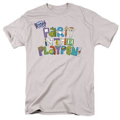 Men’s Rugrats Party in the Playpen T-Shirt Funny Graphic Print Tops For Playtime, Multicolor Graphic Tee For Playtime, Funny Graphic Print T-shirt For Playtime, Playful Letter Print Fan Merchandise T-shirt, Playful Letter Print Fan T-shirt, Fun T-shirt With Funny Print For Playtime, Nickelodeon Cartoons, Detailed Design, Cool Jackets