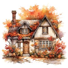 a watercolor painting of a house with autumn leaves