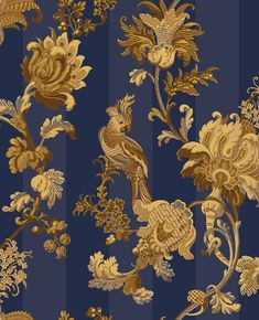 a blue and gold wallpaper with flowers, birds and stripes in the back ground