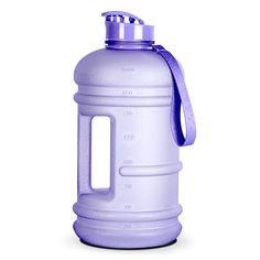 a large plastic jug with a handle on the side and a purple strap around it