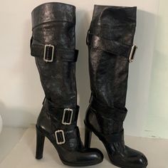 Gianni Barbato Tall Leather Buckle Black Boots Size 38 Excellent Condition Designer Leather Heeled Boots With Buckle Closure, Luxury Heeled Boots With Buckle For Fall, Designer Heeled Boots With Buckle For Fall, Designer Heeled Boots With Buckle Closure For Fall, Luxury Heeled Boots With Buckle Closure For Fall, Evening Leather Boots With Buckle Closure, Leather Boots With Buckle Closure For Evening, Chic Heeled Boots With Leather Lining For Party, Designer Ankle Strap Boots For Fall