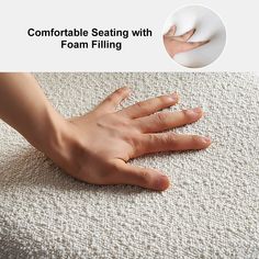 a person's hand on top of a mattress with the words comfortable seating with foam filling