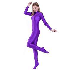 AOYLISEY Women Spandex Full Body Zentai Footed Unitards Jumpsuit Long Sleeve Bodysuit Girls Catsuit Stretch Long Sleeve Bodysuit For Costume Party, Stretch Dancewear Bodysuit For Costume Party, Stretch Long Sleeve Unitard For Costume Party, Purple Fitted Full-length Tights, Fitted Full Length Purple Tights, Purple Fitted Full Length Tights, Stretch Purple Unitard, Stretch Purple Bodysuit For Swimming, Fitted Purple Bodysuit For Swimming