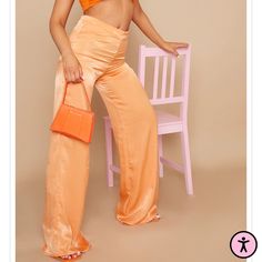 Brand New W/Tag! - Satin Material, They Do Not Stretch. - Zipper On The Side. Super Cute For Dinner, Brunch Or Other Dress Occasions! Fitted Wide Leg Pants For Summer Evenings, Fitted Wide Leg Pants For Going Out In Summer, Elegant High Waist Orange Bottoms, Elegant High-waist Orange Bottoms, Solid Color Pants For Summer Night Out, Fitted Pants For Summer Date Night, Fitted Pants For Date Night In Summer, Chic Fitted Orange Bottoms, Wide Leg Pants For Summer Party