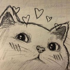 a drawing of a cat with hearts on it's head and eyes drawn in pencil