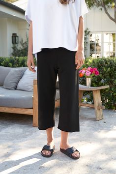 Cropped? Check. Wide Leg? Check. Outrageously soft Triple Fleece? Check. We’ve reinterpreted the traditional sweatpant into a cool, contemporary silhouette with a fashion-forward feel. This style looks just as good with a Capelet and tennis shoes as it does a Perfect Tee, denim jacket, and slides. Black Athleisure Bottoms For Elevated Casual, Black Athleisure Bottoms For Elevated Casual Occasions, Black Sweatpants For Elevated Casual Occasions, Spring Straight Leg Loungewear Activewear, Spring Straight Leg Activewear For Loungewear, Stretch Athleisure Bottoms For Daywear, Black Cropped Leg Pants For Loungewear, Black Cropped Leg Loungewear Pants, Relaxed Cropped Leg Loungewear Pants