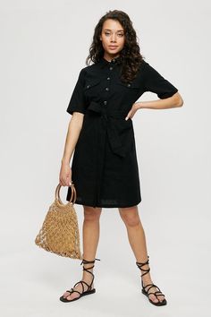 Black Utility Belted Mini Shirt Dress Utility Belt, Large Buttons, Mini Shirt Dress, Black Shirt Dress, Dresses Black, Quick Delivery, Dorothy Perkins, Dress Collection, Midi Length