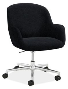 a black office chair with wheels and casteors on an isolated white background, front view