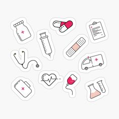 various medical stickers arranged on a white background