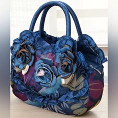 Beautiful Floral Tote Bag Double Handle Purse Zipper Closure Elderly Gift, Fluffy Bag, Embroidered Handbag, Mommy Bag, Blue Tote, Novelty Bags, Cheap Handbags, Flower Bag, Lace Flower