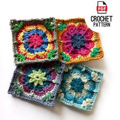 three crochet granny squares are shown on a white surface with the words crochet pattern below them