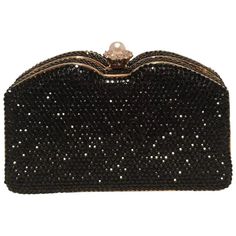 Beautiful Judith Leiber Black Swarovski Crystal Minaudiere Evening Bag Clutch In Excellent Condition. Black Swarovski Crystal Exterior Trimmed With Gold Hardware And Pearl Top Push Button Closure. Gold Leather Lined Interior That Holds A Gold Chain Shoulder Strap To Easily Convert Between Clutch And Shoulder Styles. No Stains, Smells, Or Missing Crystals. Purchase Includes A Dust Cover, Mini Coin Purse, Pocket Comb And Mirror. Measurements: 5"X3"X2" 19" Strap Drop Designer: Judith Leiber Period: