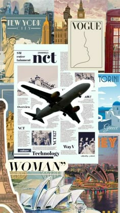 a collage of travel related images including an airplane, the sydney tower and other famous landmarks