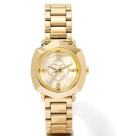 From Kendra Scott&#x2C; the Women's Dira Three Hand Gold Stainless Steel Bracelet Watch features:Gold tone stainless steel case and braceletWhite mother of pearl dialButterfly clasp closureThree hand movementCase size: 28mmWater resistance: 3ATMImported. Kendra Scott Watch, Accessories Watches Women, 2015 Trends, Three Hands, Christmas Wishlist, Steel Bracelet, Kendra Scott, Christmas List, Stainless Steel Bracelet