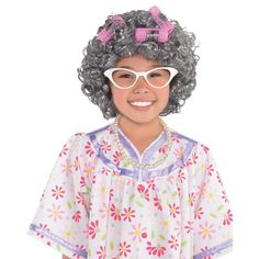 Turn into an old geezer with a Grandma Costume Accessory Kit! This accessory kit includes a gray synthetic fiber wig with attached pink curlers white cat-eye frame glasses and a faux pearl necklace. Put in dentures to enjoy all the candy received while trick-or-treating in this grandma costume! Dress not included. Grandma Costume Accessory Kit includes: Wig Necklace Glasses Granny Wig, Grandma Costume, Old Lady Costume, Historical Women, Grey Wig, Halloween Costume Shop, Kids Projects, Halloween Costume Accessories, Dentures