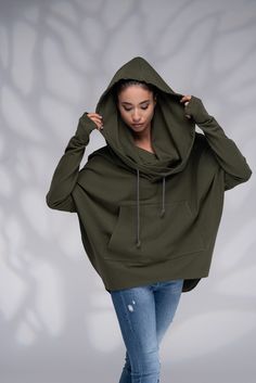 Khaki casual sweatshirt by Danellys D21.08.016 ☛ cowl hood sweatshirt ☛ two pockets ☛ extra long sleevele ☛ loose sweatshirt ☛ thumb hole sleeves ☛ loose loungewear ☛ big hood hoodie ☛ warm casual top ☛ high neck top ☛ cotton sweatshirt ☛ many colors of soft cotton fleece fabric THE PERFECT GIFT for Cowl Hood, Hoodies Womens Fashion, Big Hoodies, Cowl Neck Hoodie, Stylish Hoodies, Womens Hoodies, Sweatshirt For Women, Tunic Sweatshirt, Neck Hoodie