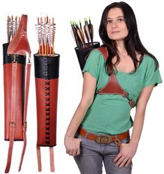 a woman is standing next to an arrow holder with arrows in it's pouch